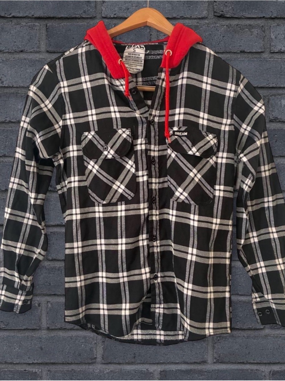 Dream Men's Black & White Plaid Hooded Shirt with Red Hood Size Small